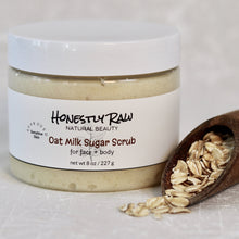Load image into Gallery viewer, Oat milk sugar scrub jar with oats in wood spoon